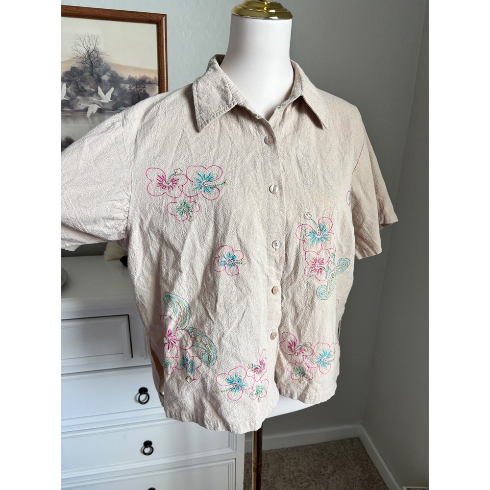Vintage Floral Embroidered Shirt Cotton Hibiscus Tropical Boho Beige Top L